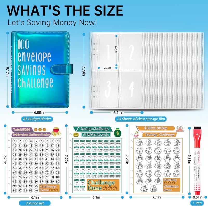 gusutide 100 Envelope Savings Challenge Binder, Money Saving Binder with Cash Envelopes, from 30 Days to 52 Weeks, to Save $500,$5,050 and $10,000, back to school supplies,gift for children (sparkling blue) - Image 2